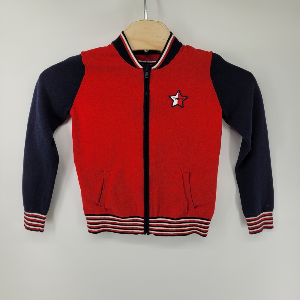 Tommy Hilfiger Full Zip Bomber Sweater Kids XXS Red‎ Navy Star Patch Varsity